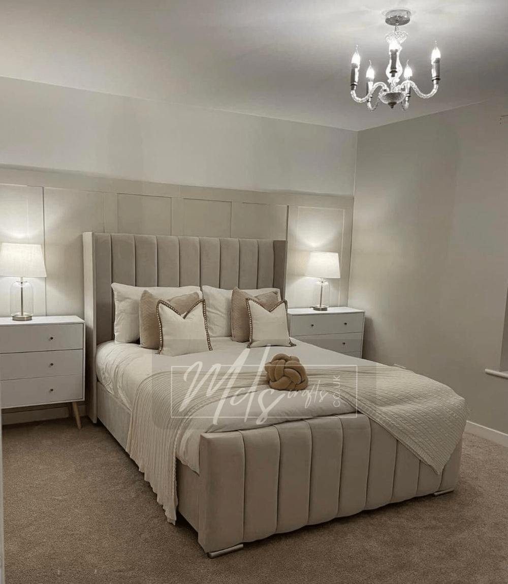 High End Italian Nubuck Gathered Upholstered Designer Bed – Luxurious, Contemporary Elegance