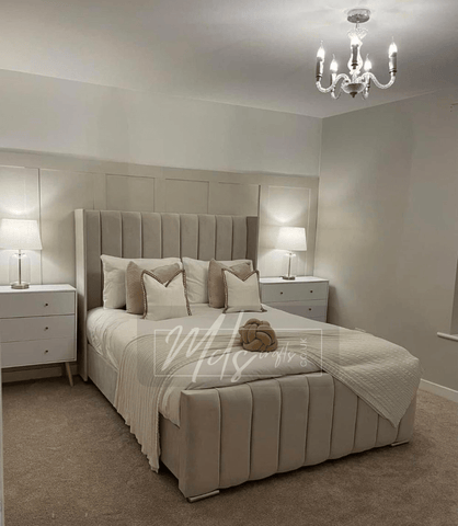 High End Italian Nubuck Gathered Upholstered Designer Bed – Luxurious, Contemporary Elegance