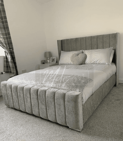 High End Italian Nubuck Gathered Upholstered Designer Bed – Luxurious, Contemporary Elegance