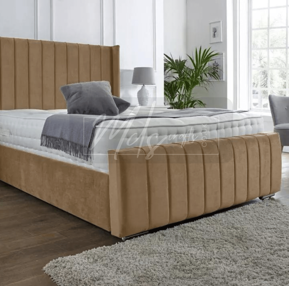 High End Italian Nubuck Gathered Upholstered Designer Bed – Luxurious, Contemporary Elegance