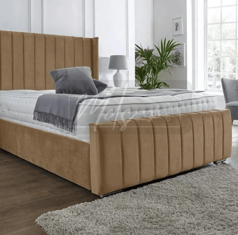 High End Italian Nubuck Gathered Upholstered Designer Bed – Luxurious, Contemporary Elegance