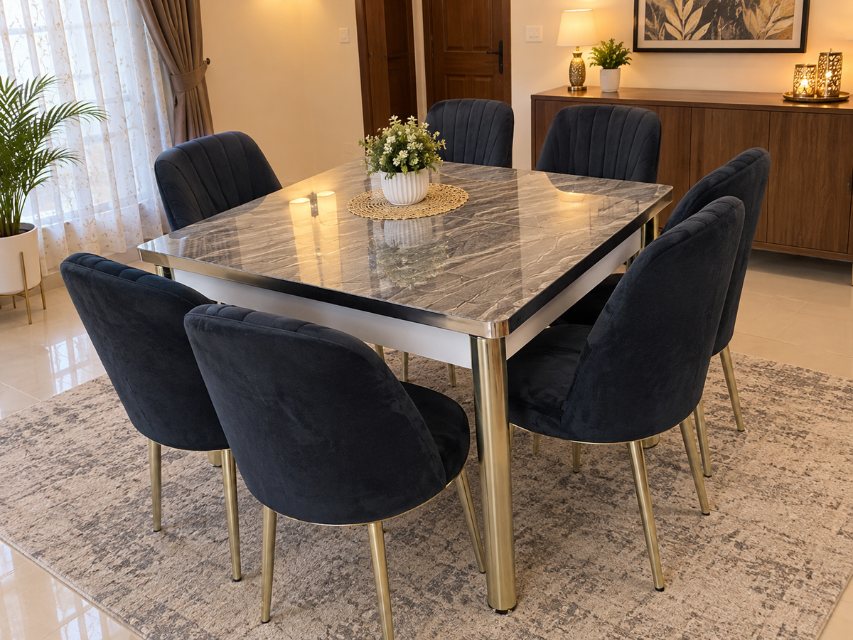 GREY WOODEN EFFECT TABLE WITH BLACK STAR FABRIC CHAIR WITH GOLD LEG
