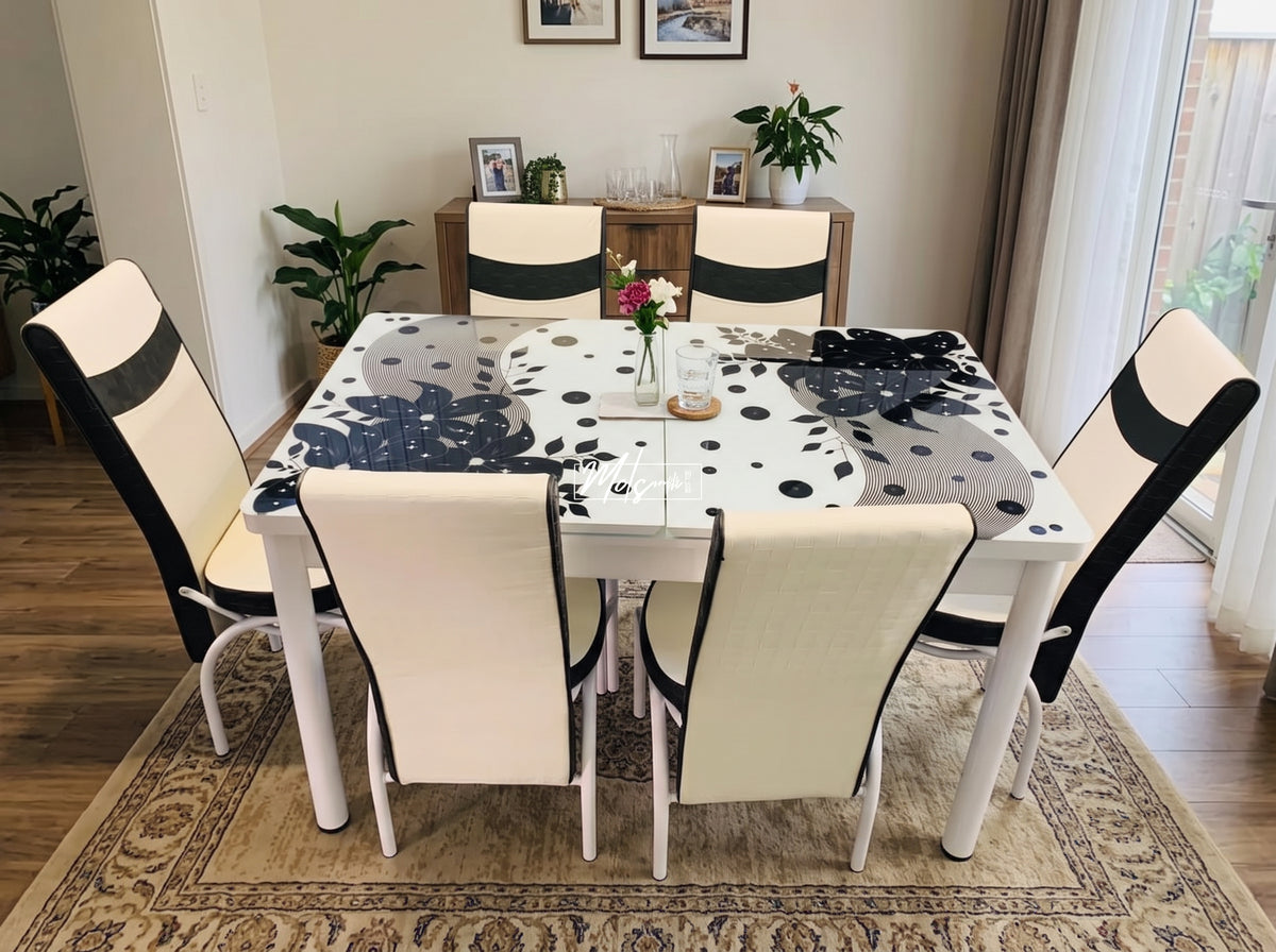 White & Black Flowers Turkish Style Dining Table & Chair