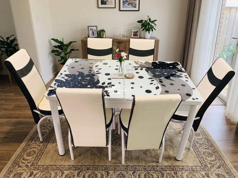 White & Black Flowers Turkish Style Dining Table & Chair