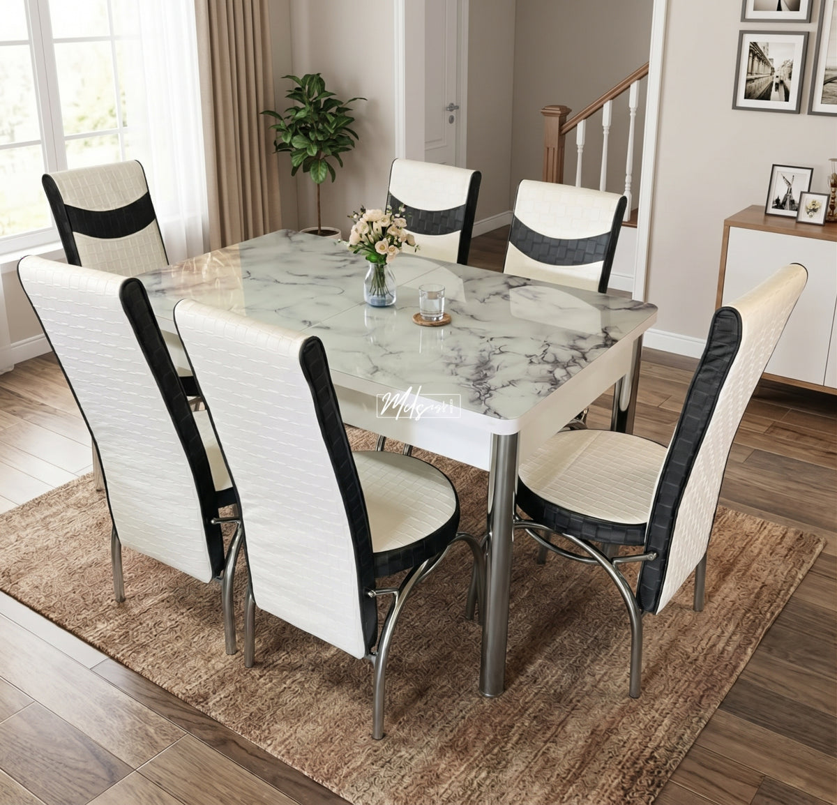 White Marble Effect Turkish Style Dining Table & Chair