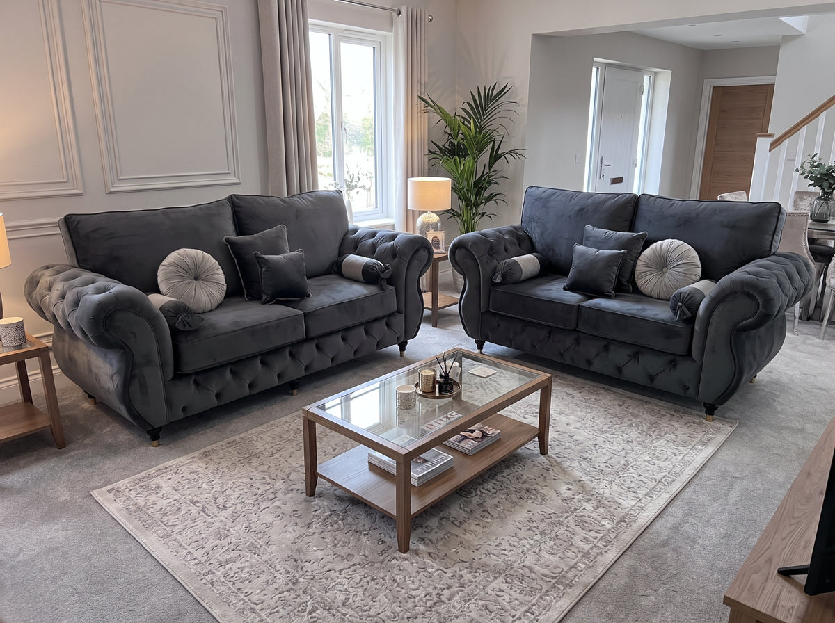 Rio Chesterfield Sofa – Classic Elegance with Buttoned Arms, Strong Legs & Adjustable Sizes