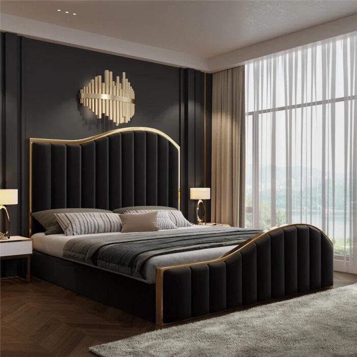 Tianhang bed Twin King Size Modern gold metal frame navy blue Velvet Headboard Upholstered Bed