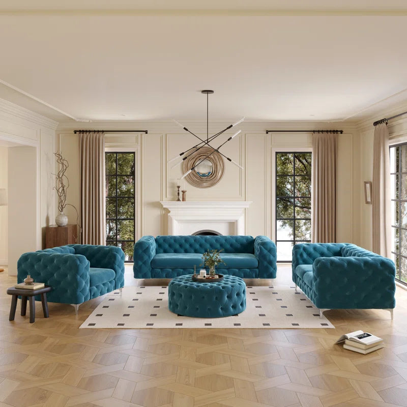Ringwood 4 – Piece Tufted Velvet Living Room Set with Chesterfield Chair & Ottoman & Loveseat & Sofa and Chrome Legs