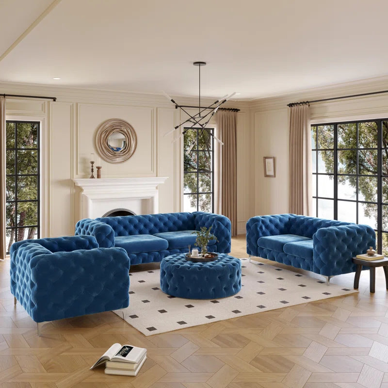 Ringwood 4 – Piece Tufted Velvet Living Room Set with Chesterfield Chair & Ottoman & Loveseat & Sofa and Chrome Legs