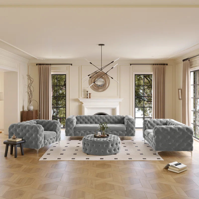 Ringwood 4 – Piece Tufted Velvet Living Room Set with Chesterfield Chair & Ottoman & Loveseat & Sofa and Chrome Legs